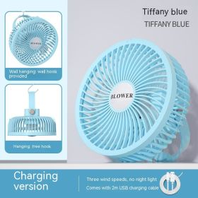 Small Electric Fan Rechargeable Night Light Portable Summer Cartoon Moving Student Bed Head Wall Desktop Mini (Option: Blue 2-Usb Plug In)